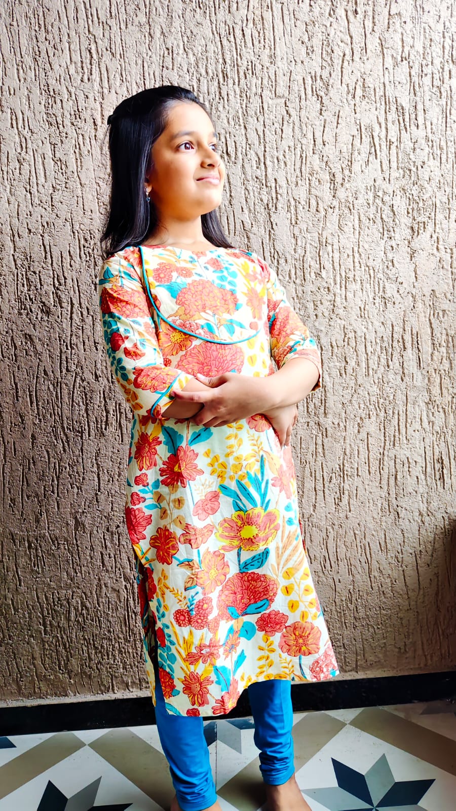 GLK032-Cream colour big floral kurti