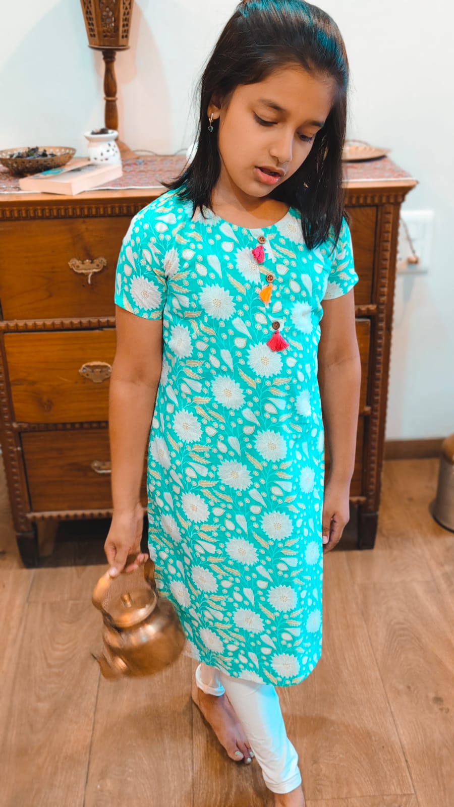 GLK033 - Sea green floral tassle kurti