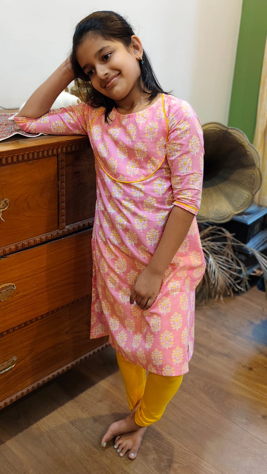 GLK035- Pink floral Jaipur print kurta for kids