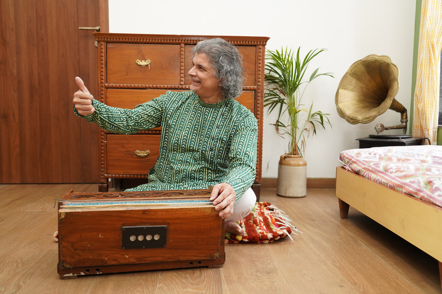 Hand Block printed men's long kurta green colour