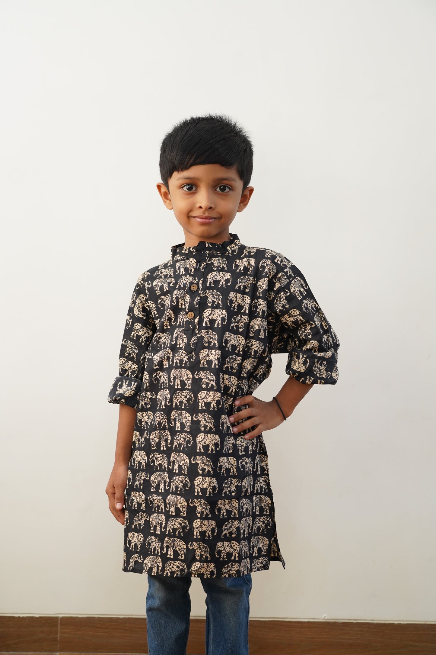 Black long kurta, full sleeves with elephant print