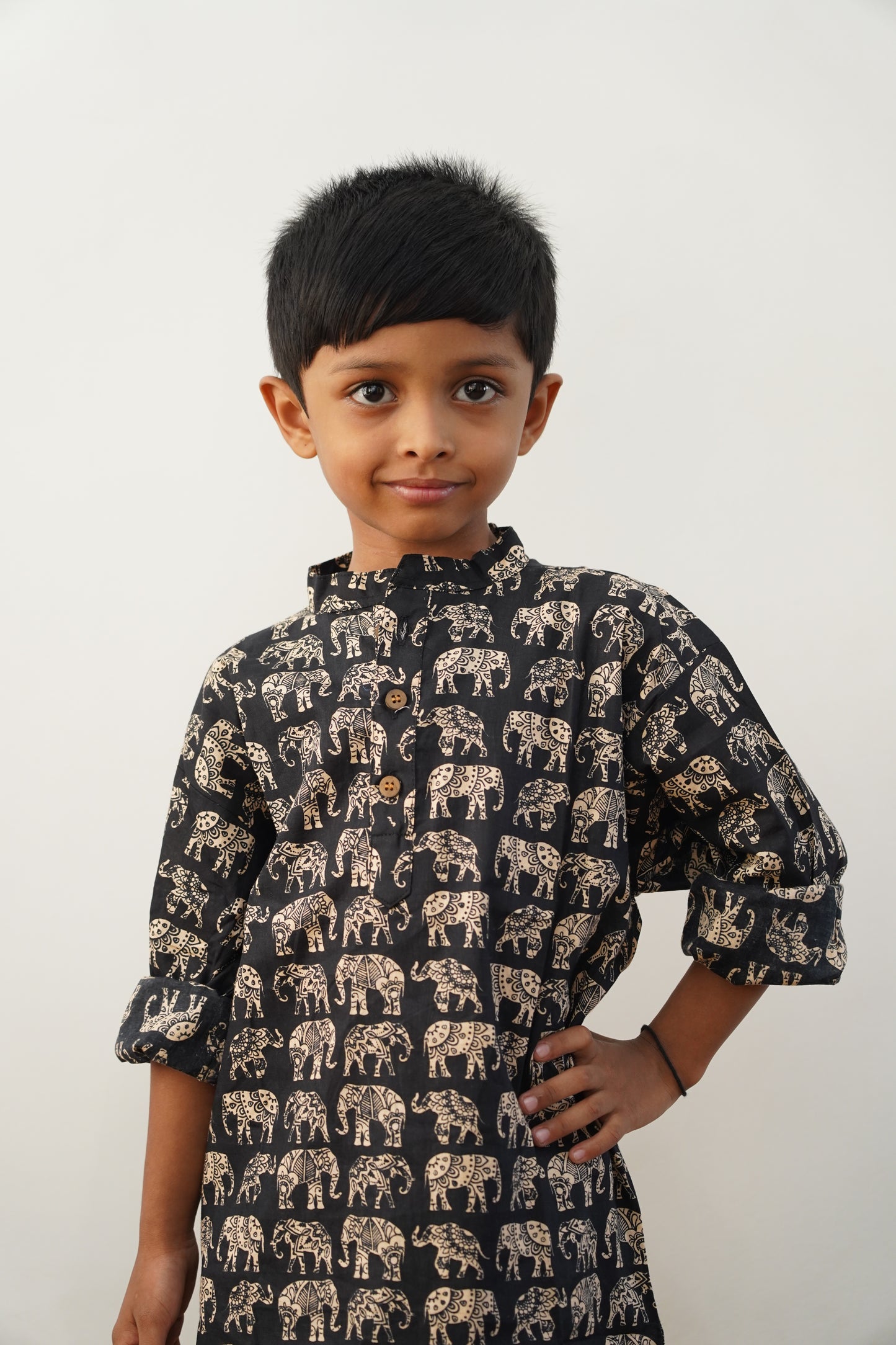 Black long kurta, full sleeves with elephant print