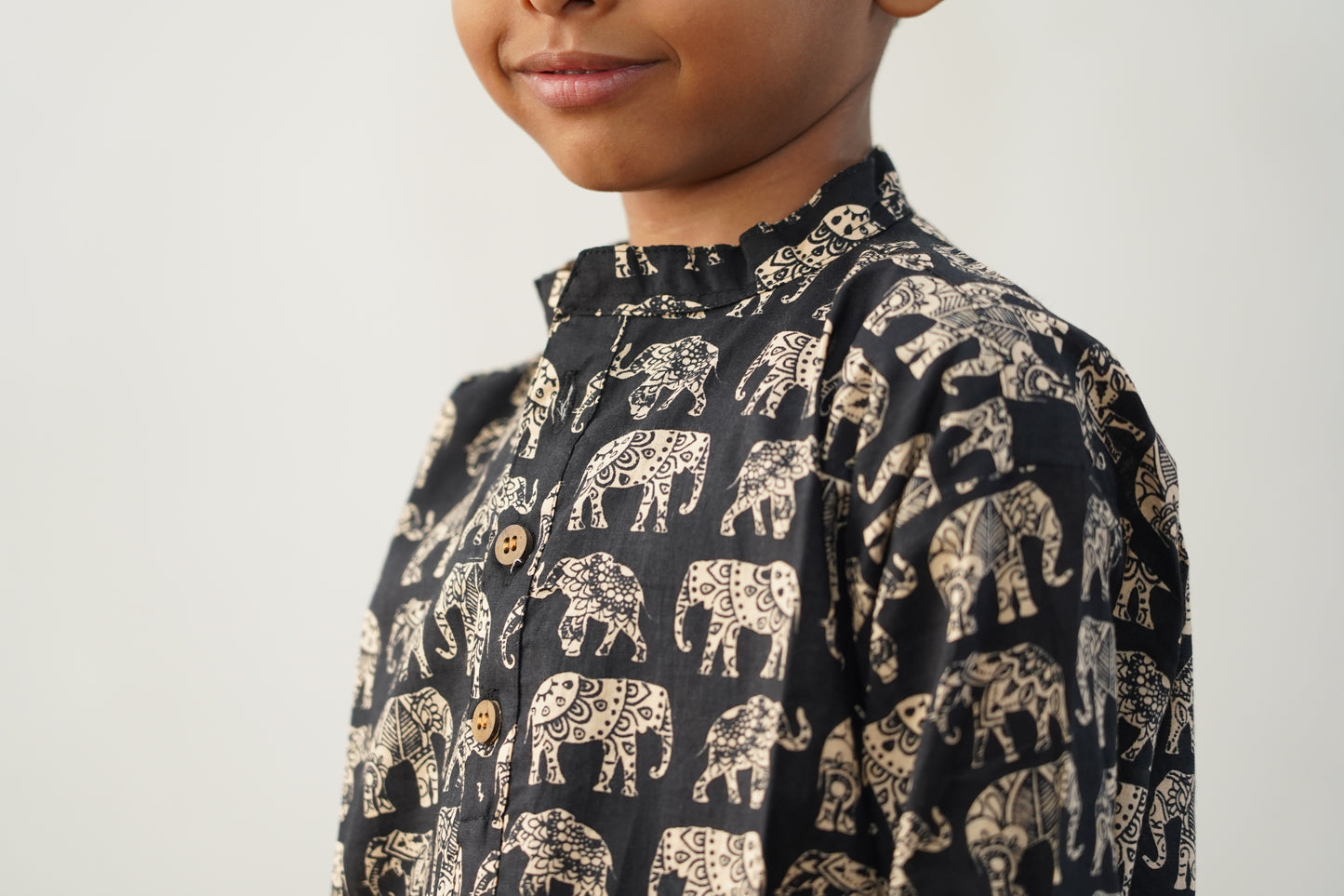 Black long kurta, full sleeves with elephant print