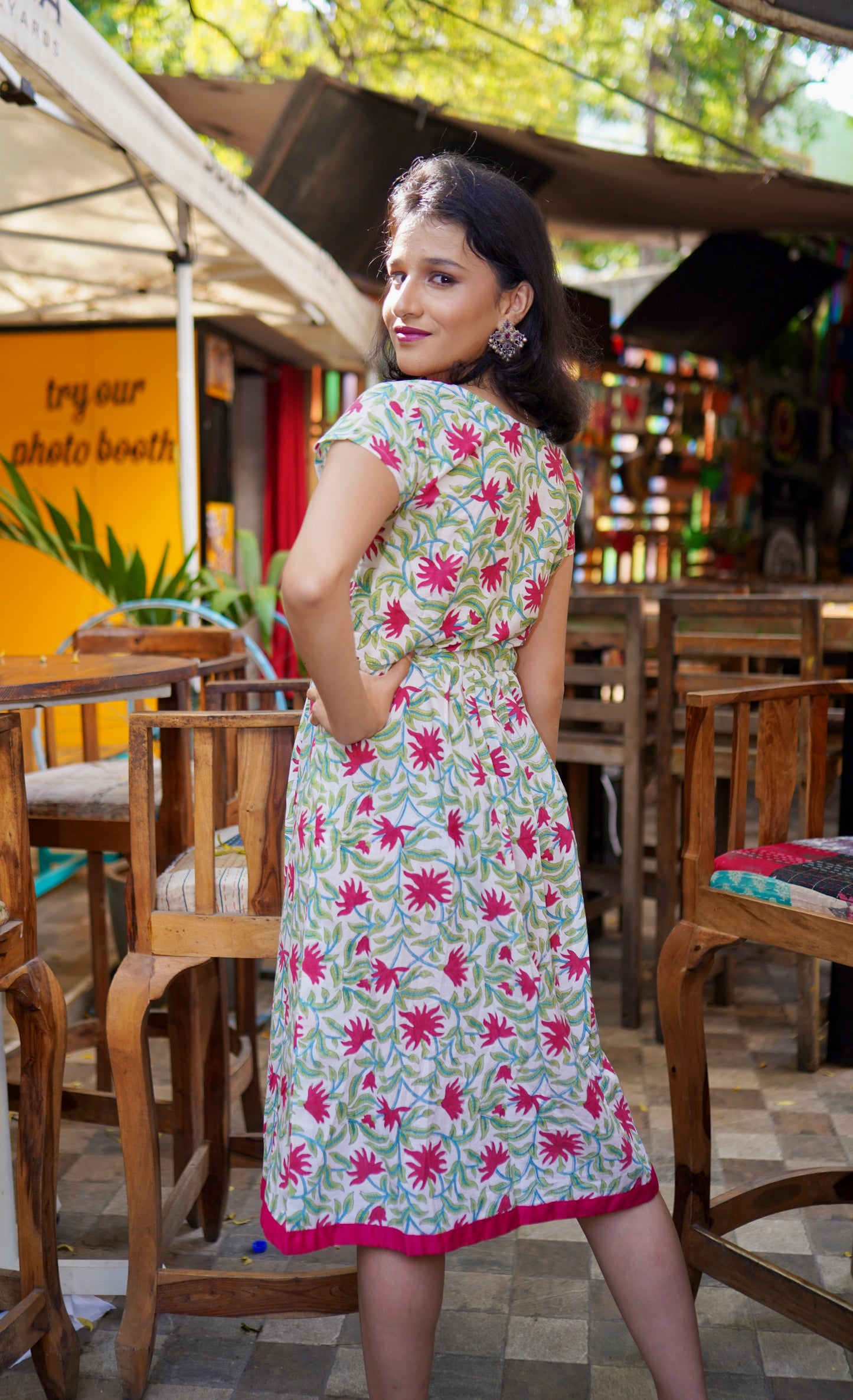 WFR002 Handblock printed cotton frock with spring flowers motifs Frock