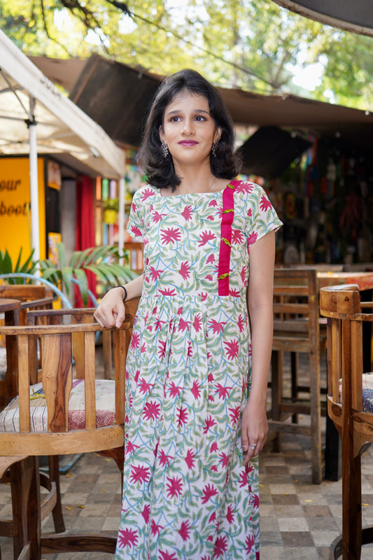 WFR002 Handblock printed cotton frock with spring flowers motifs Frock