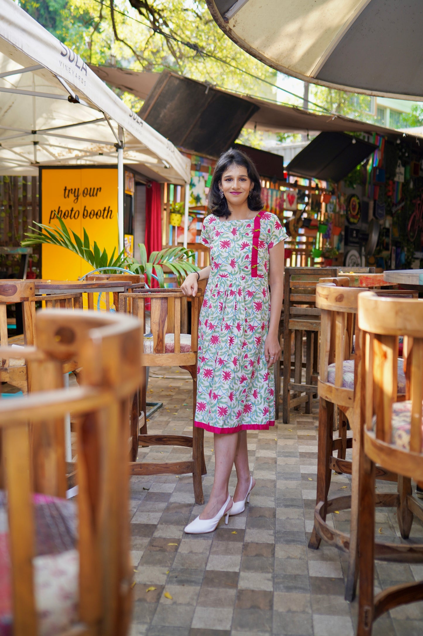 WFR002 Handblock printed cotton frock with spring flowers motifs Frock