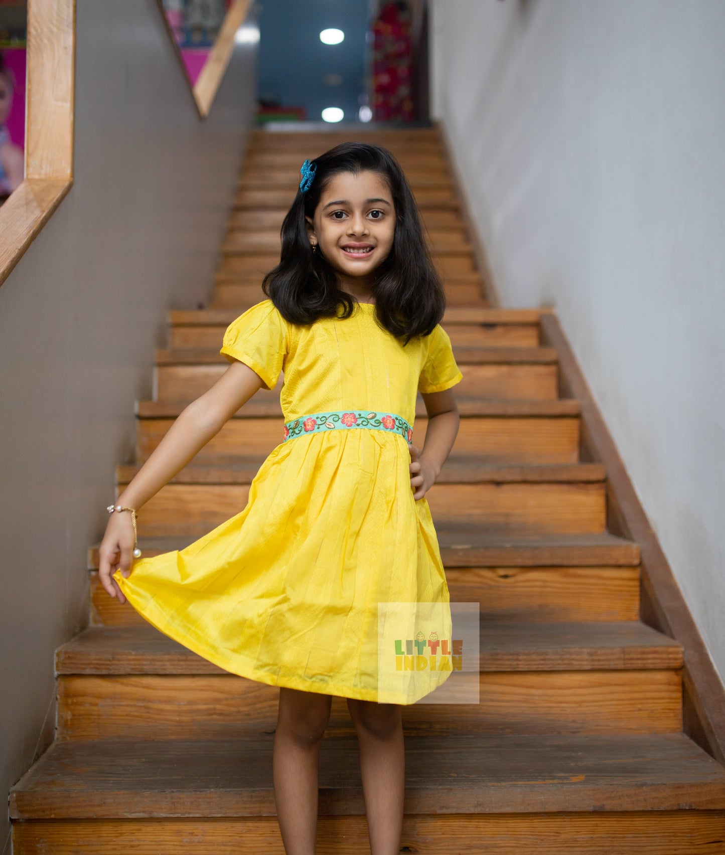 GFR088 Little Indian Chanderi silk half sleeves frock yellow