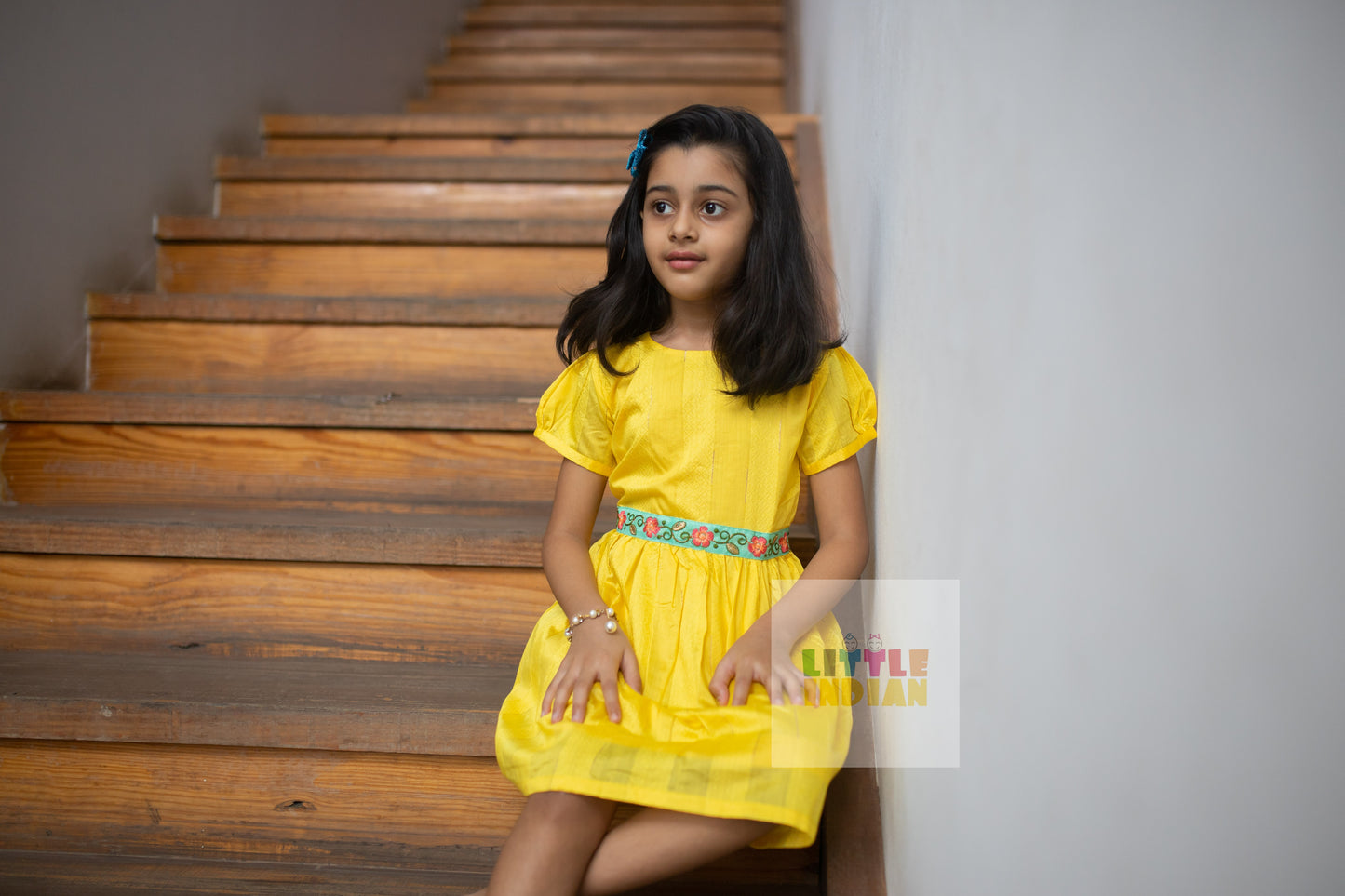 GFR088 Little Indian Chanderi silk half sleeves frock yellow