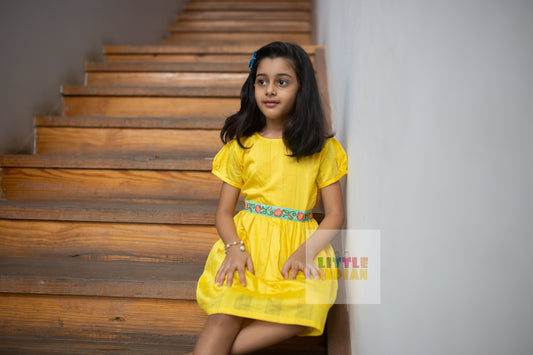 GFR088 Little Indian Chanderi silk half sleeves frock yellow