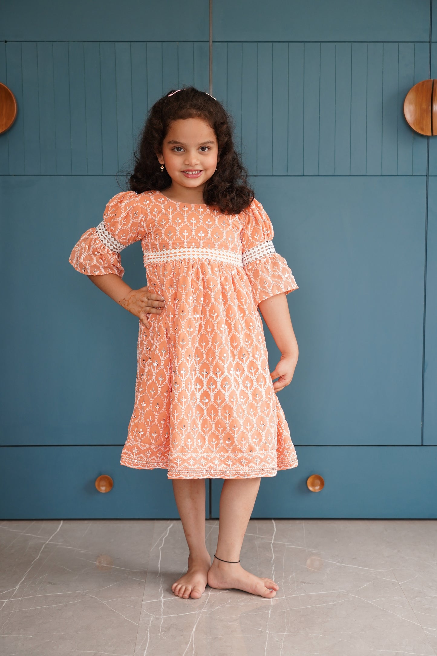 Peach Lukhnowi Georgette frock