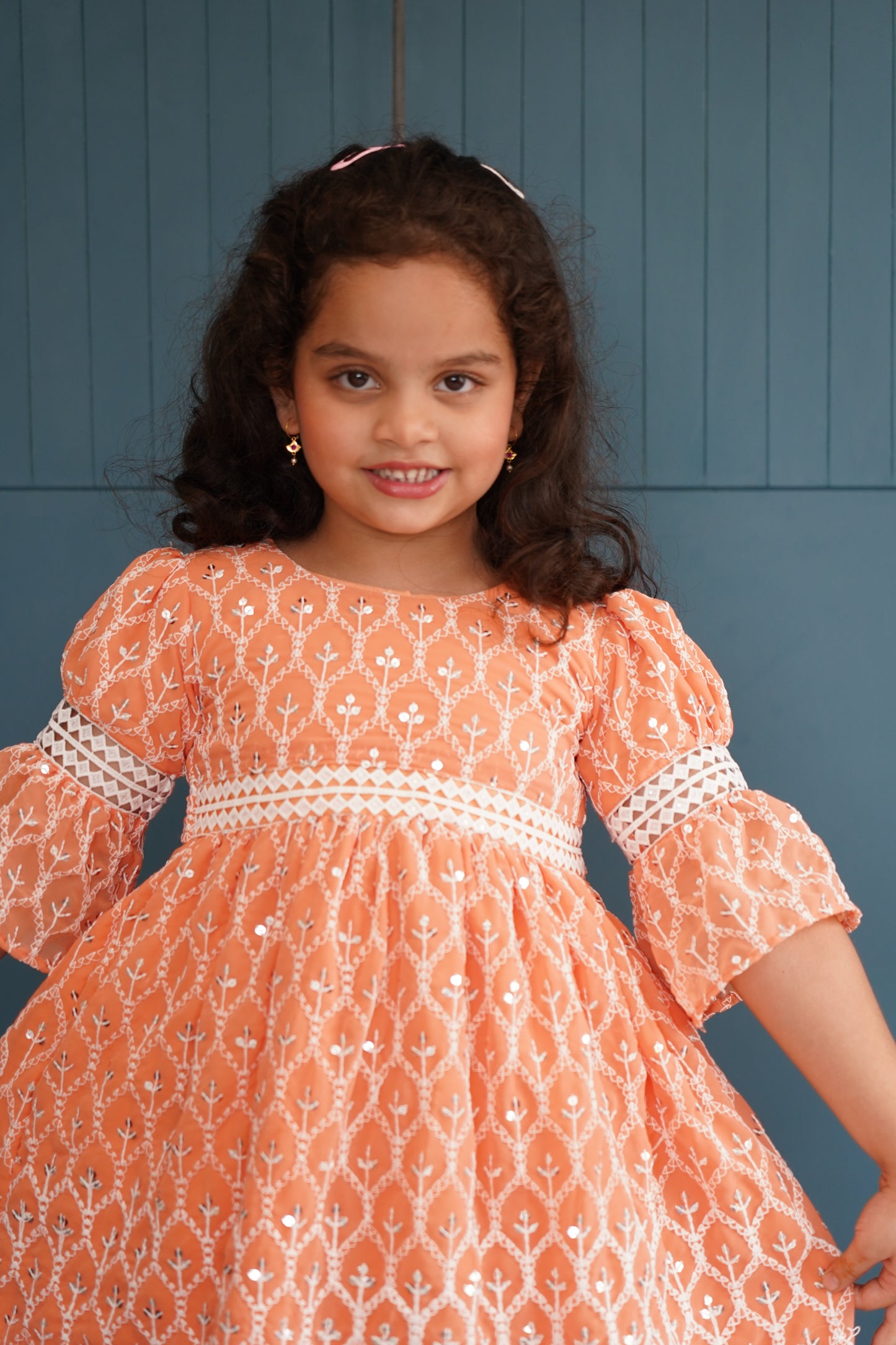 Peach Lukhnowi Georgette frock