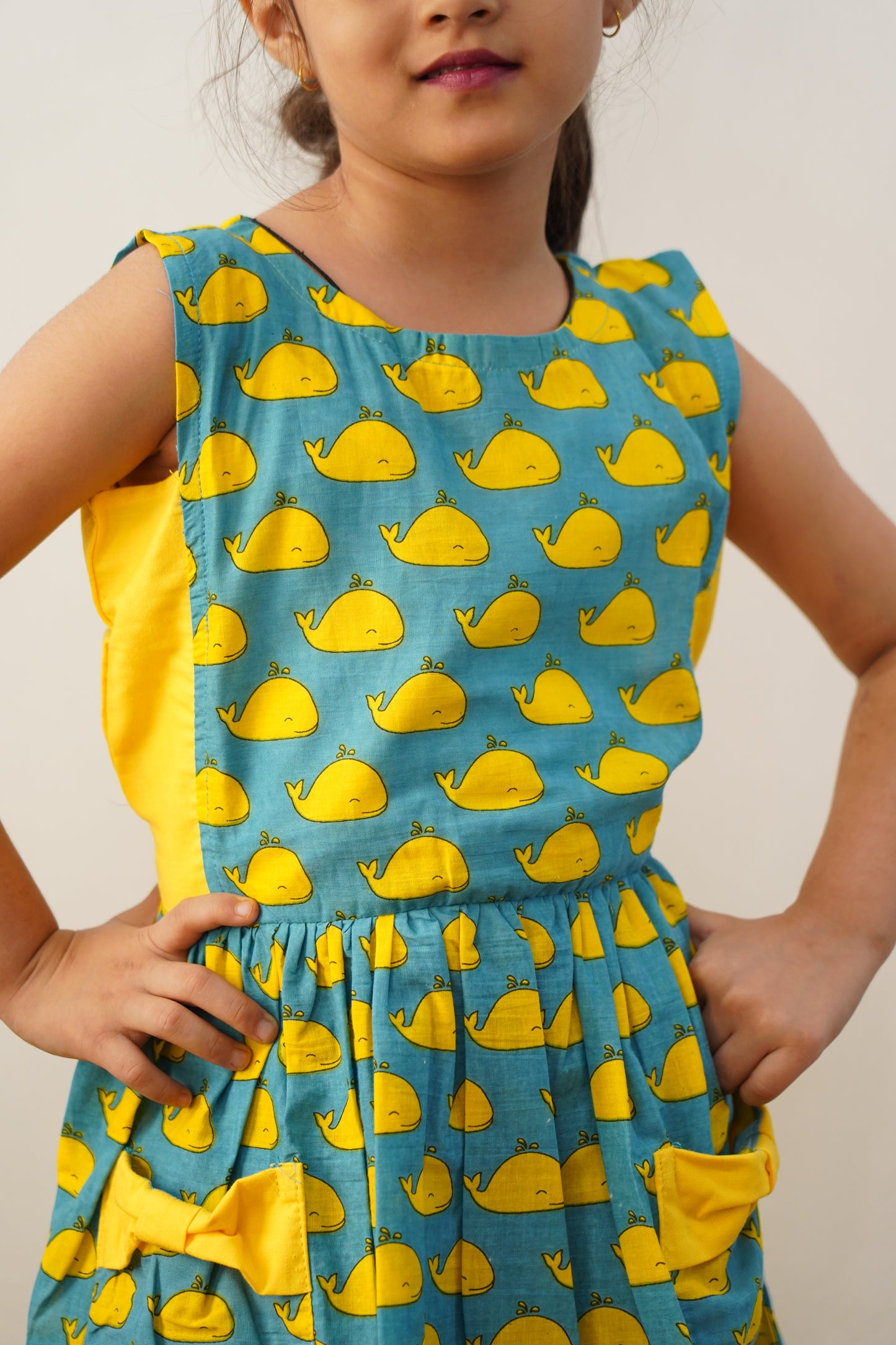 Blue colour whale print sleeveless frock