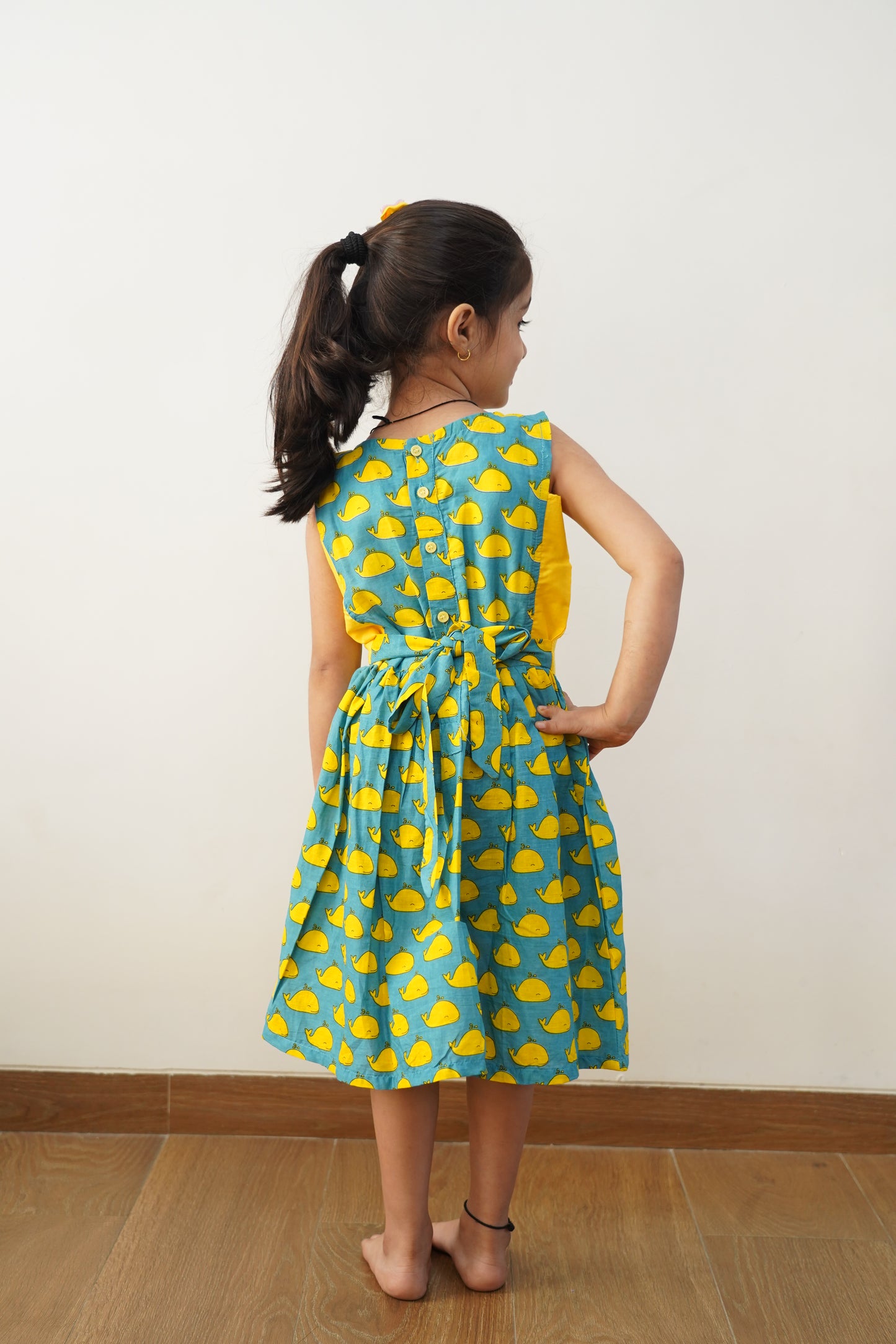 Blue colour whale print sleeveless frock