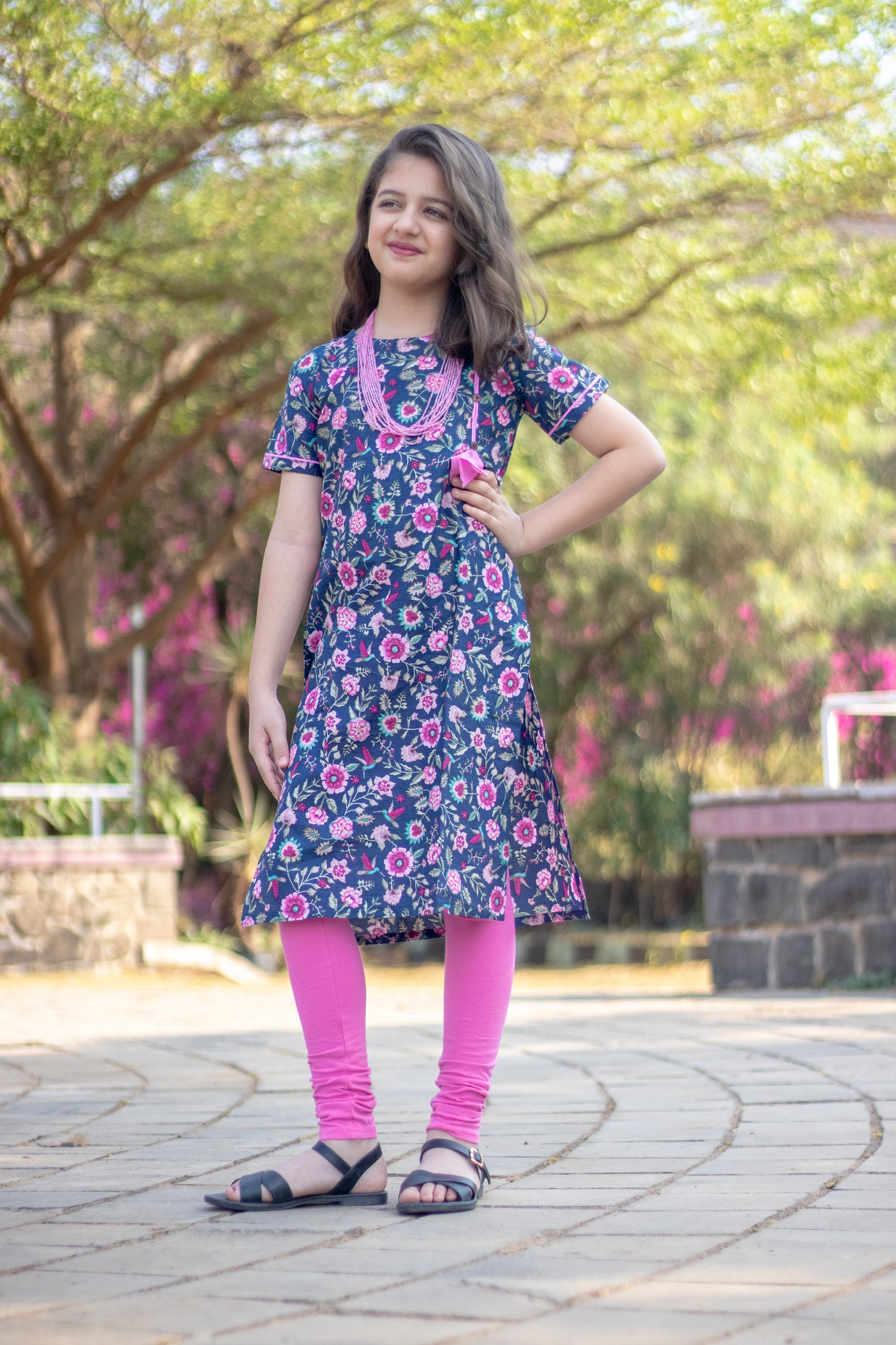 Blue and Pink floral kurta for girls