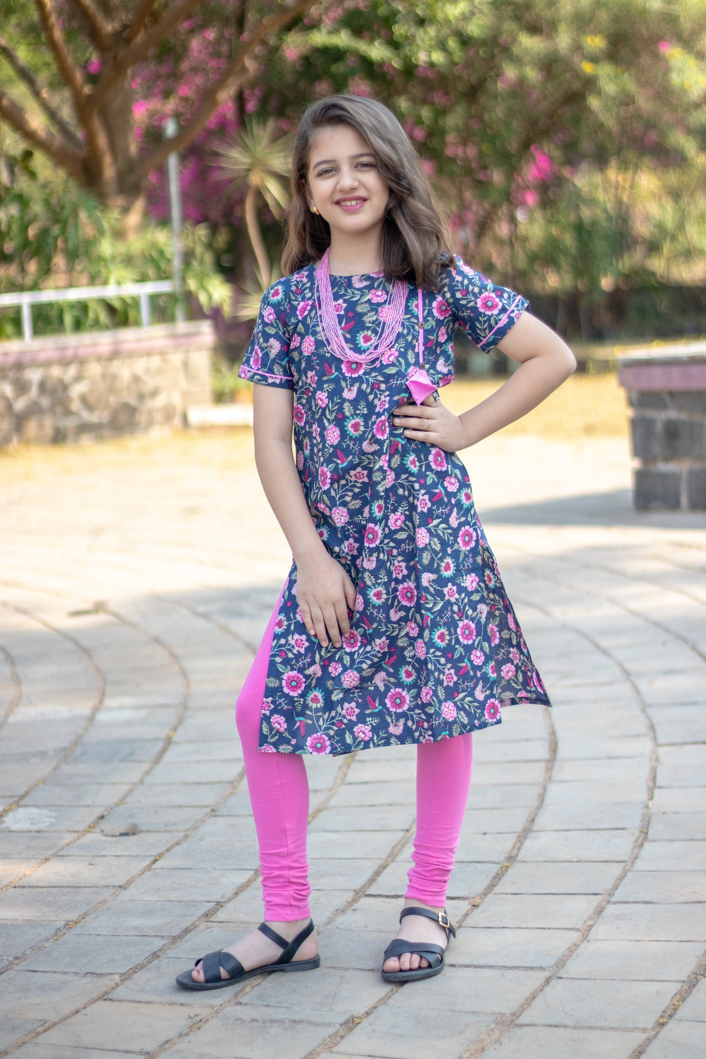 Blue and Pink floral kurta for girls