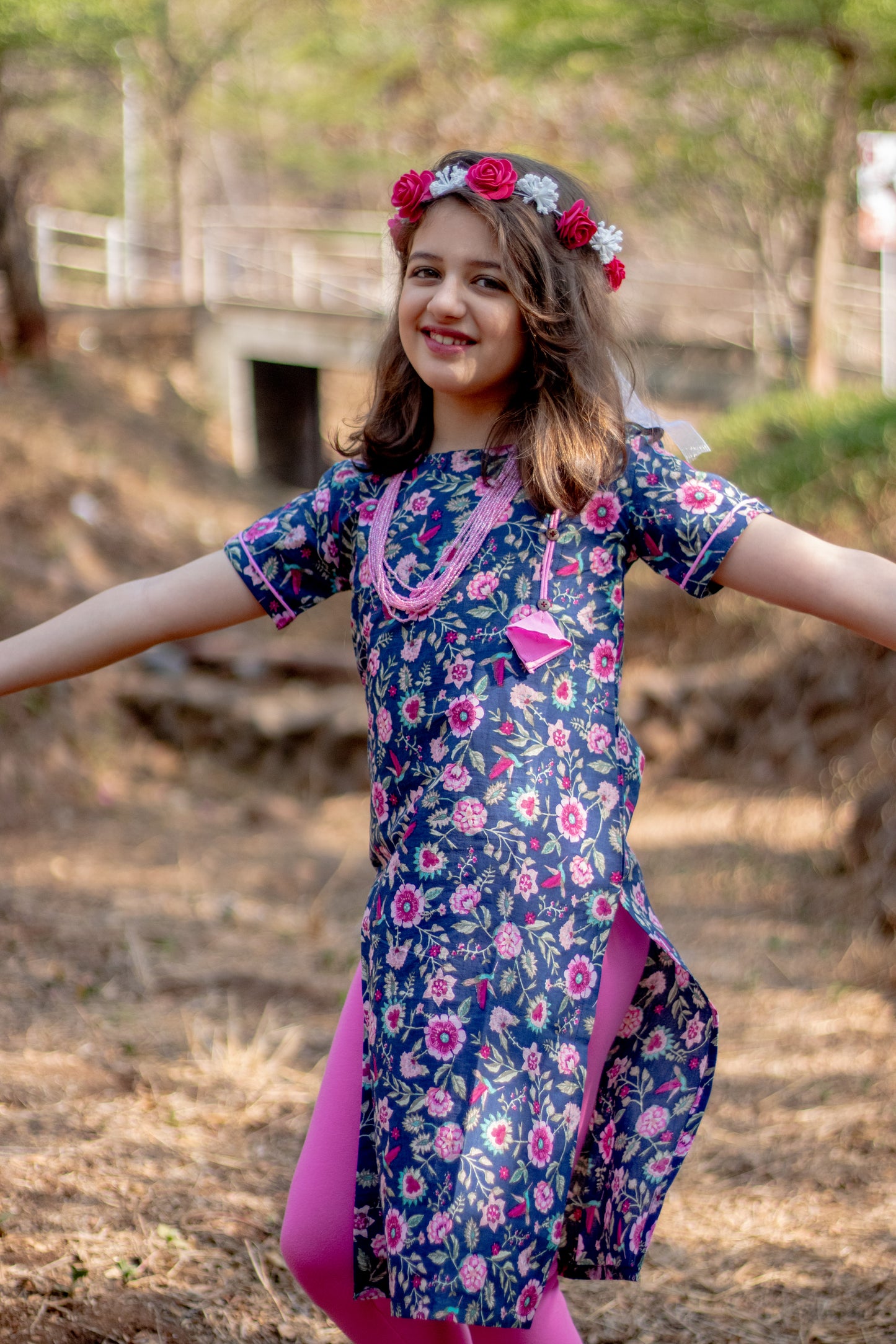 Blue and Pink floral kurta for girls