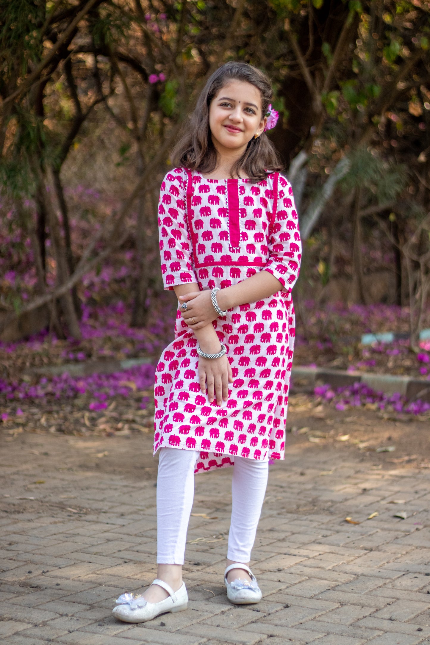 Magenta elephant print girls' long kurta