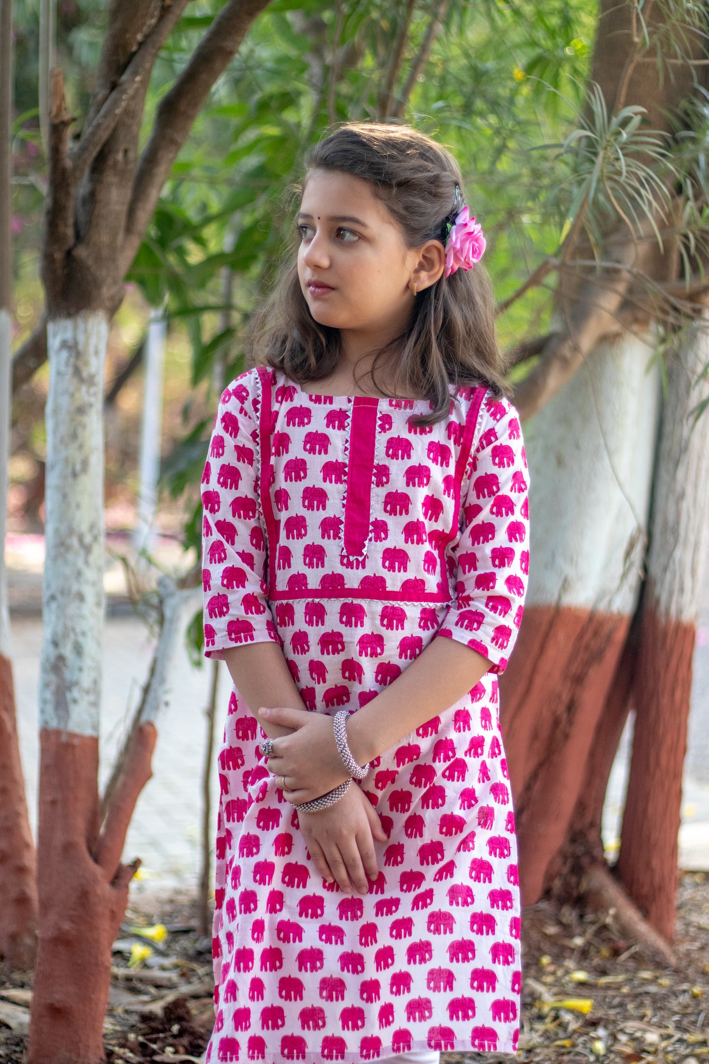 Magenta elephant print girls' long kurta