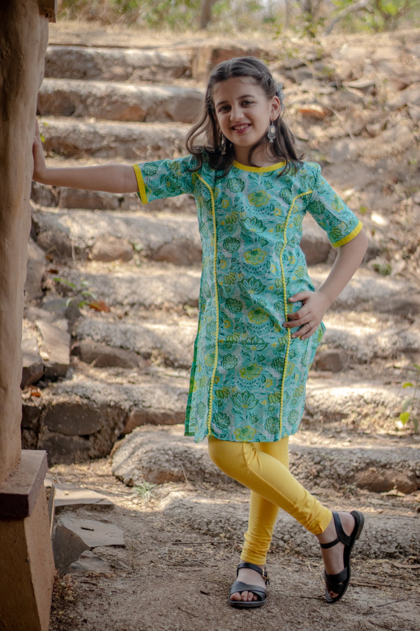 Sea green floral kurti for girls