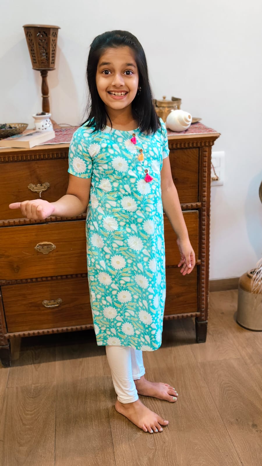 GLK033 - Sea green floral tassle kurti