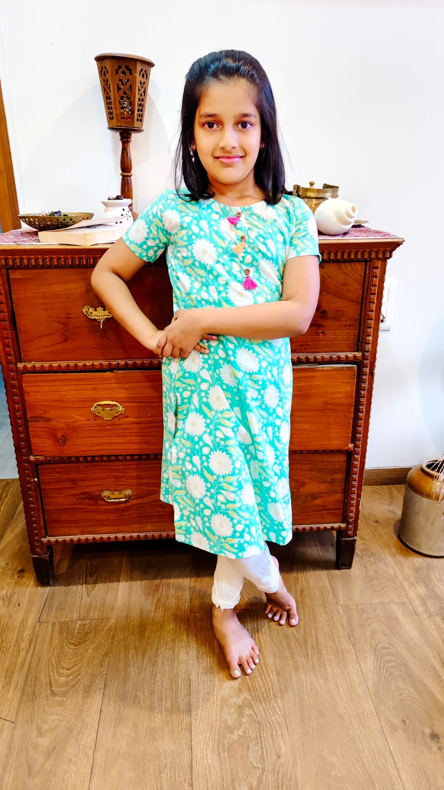 GLK033 - Sea green floral tassle kurti