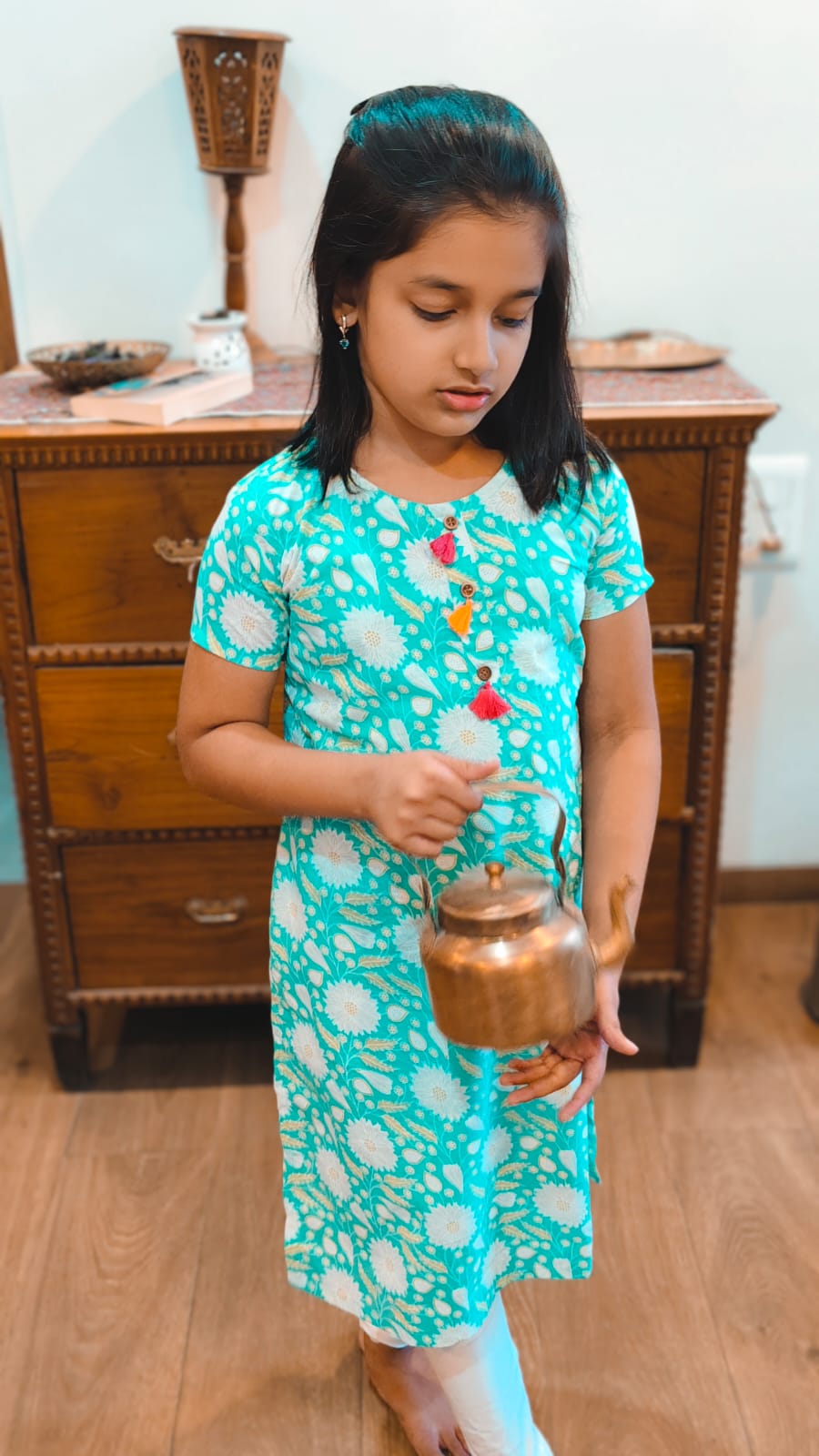 GLK033 - Sea green floral tassle kurti