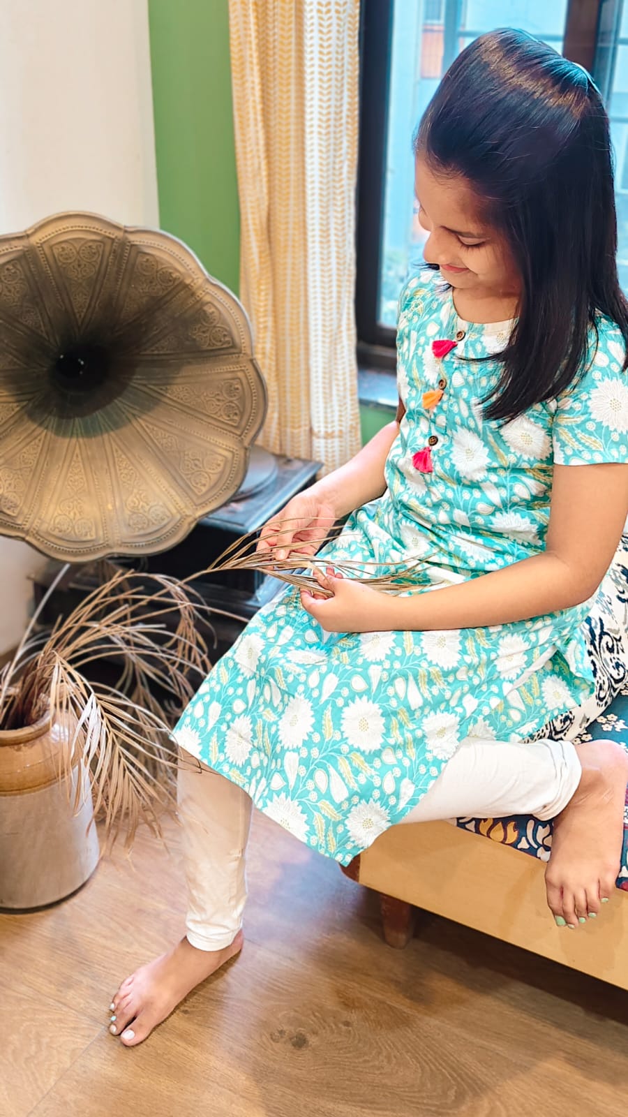 GLK033 - Sea green floral tassle kurti