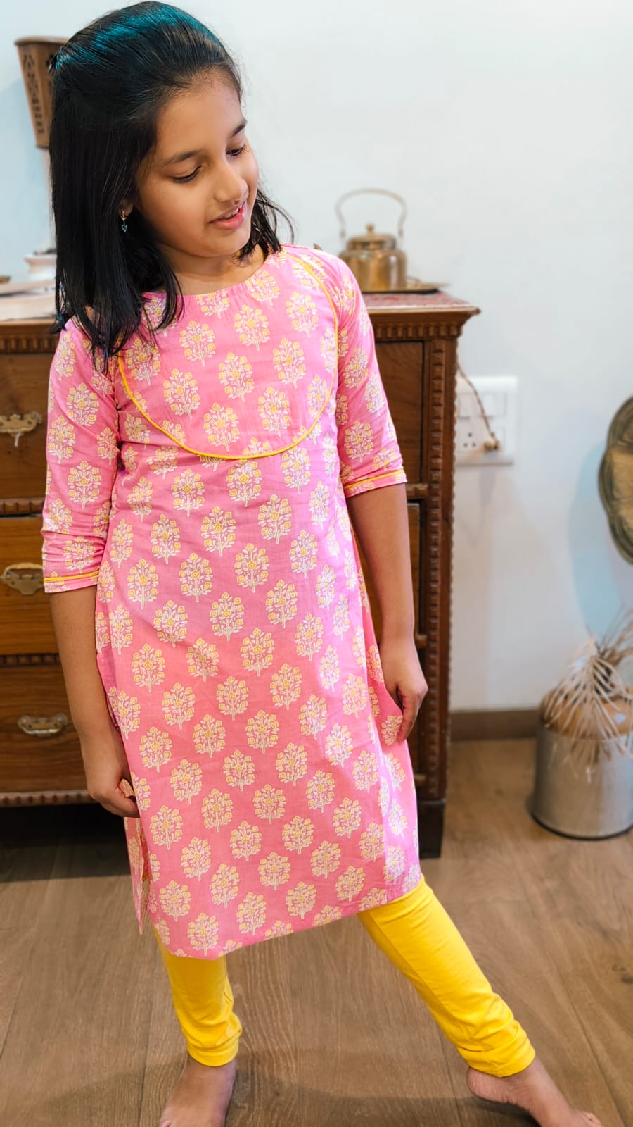 GLK035- Pink floral Jaipur print kurta for kids