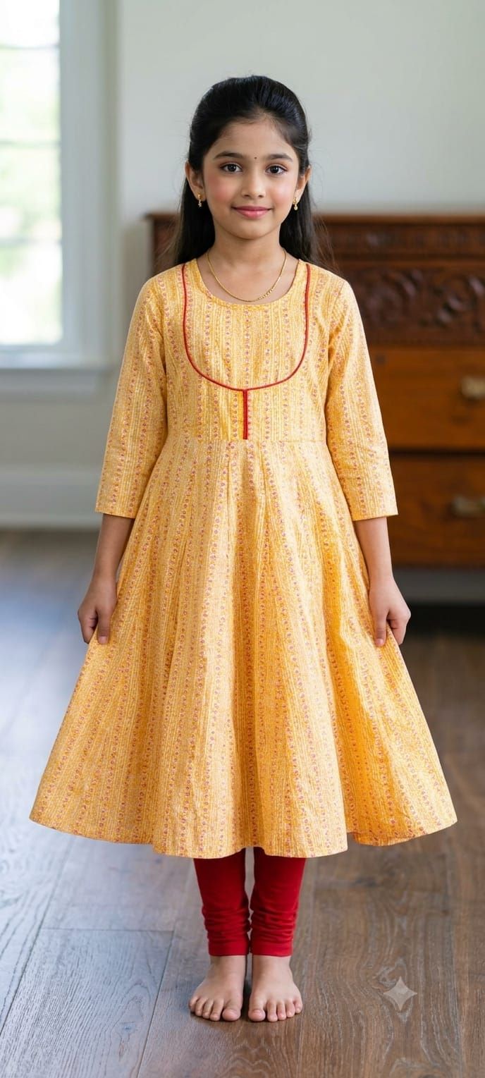 GLK038Y Little Indian Cotton woven 3/4th sleeves panel kurta Yellow