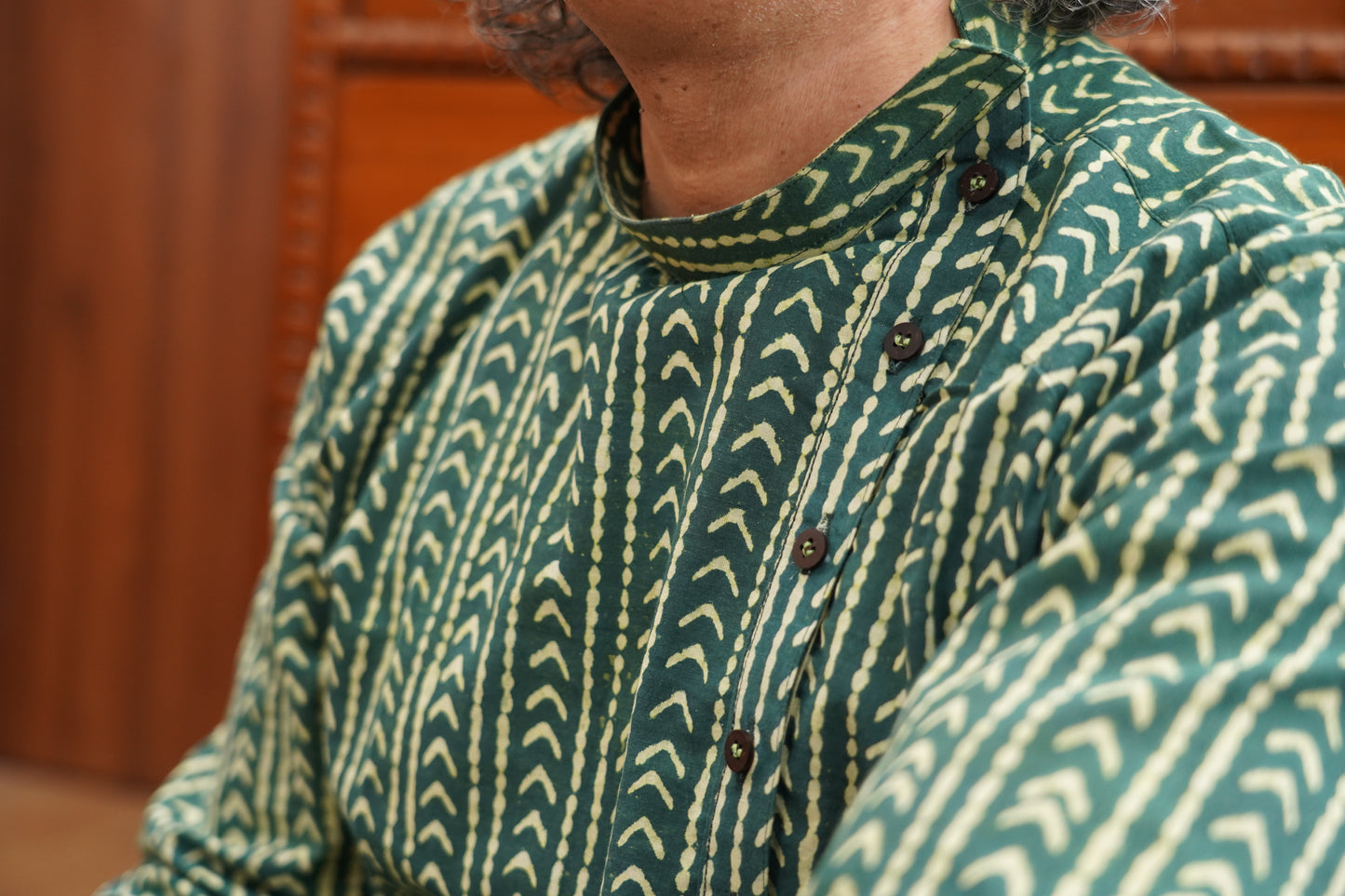 Hand Block printed men's long kurta green colour