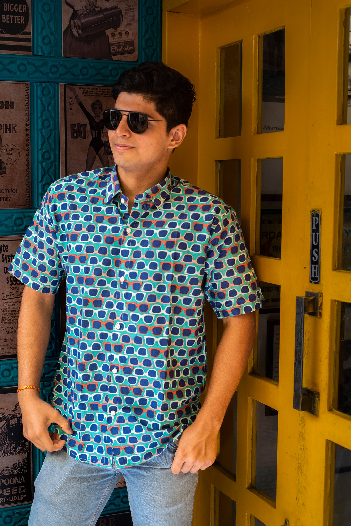 MSH009 Goggle print cotton shirt Mens' Casual shirt