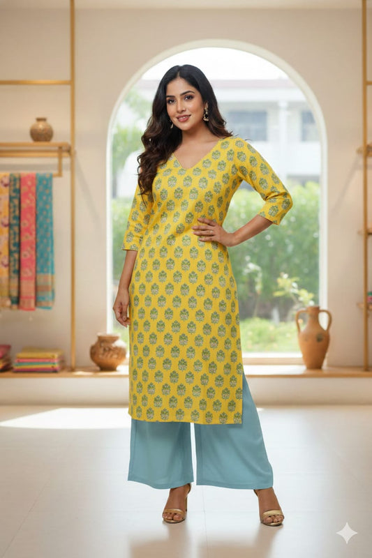 WLK007 - Yellow Floral Cotton Kurti