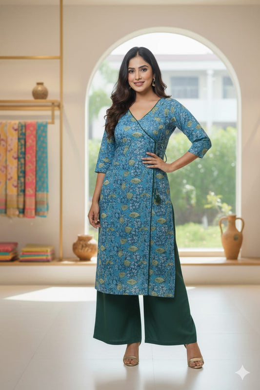 WLK008- Blue Floral Wrap-Style look alike Cotton Kurti