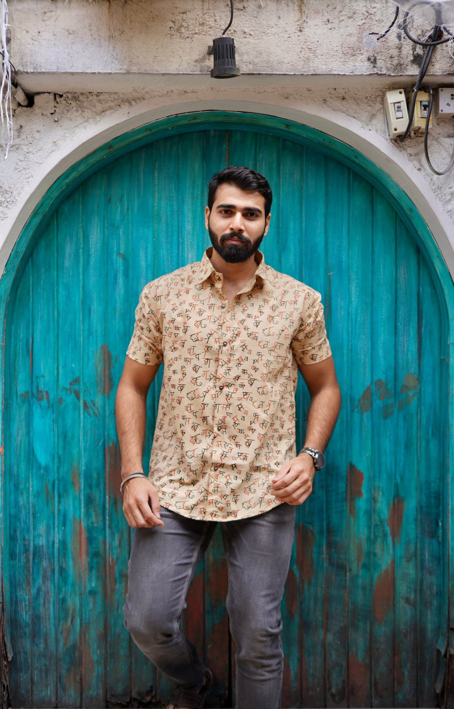 MSH003 - Handblock printed pure cotton Akshar print shirt