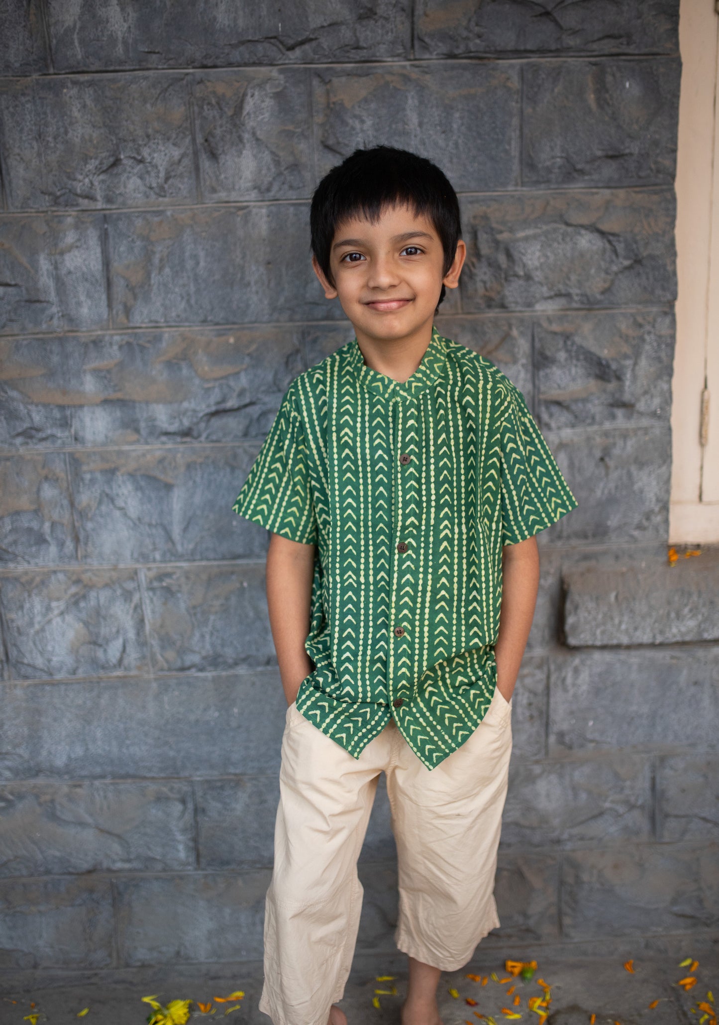 Handblock printed green shirt